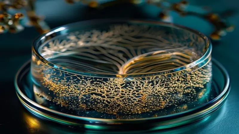 Illustrative artwork of a glowing petri dish with branching colony patterns
