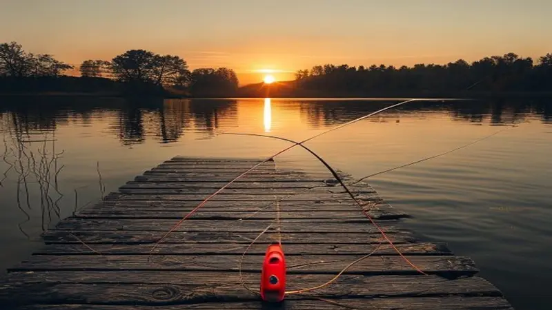 Illustrative artwork of a first-person view from a wooden pier over a calm lake at golden hour