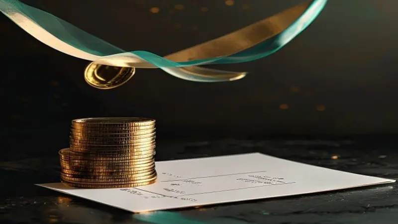 Illustrative artwork of translucent coins and receipt ribbons flowing into an orderly stack